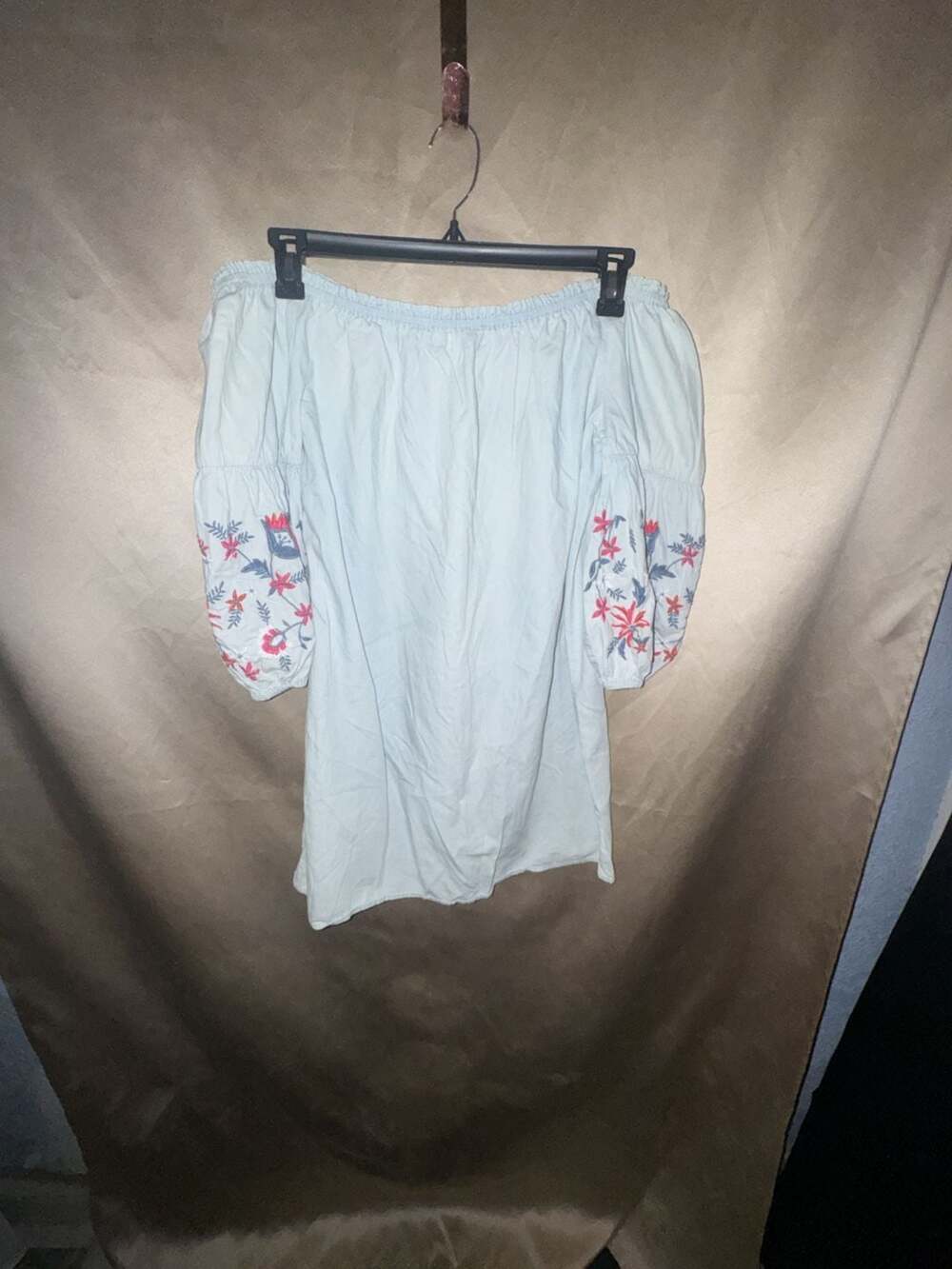 Aeropostale Off-Shoulder Chambray Embroidered Balloon Sleeve Mini Dress - Picture 6 of 6